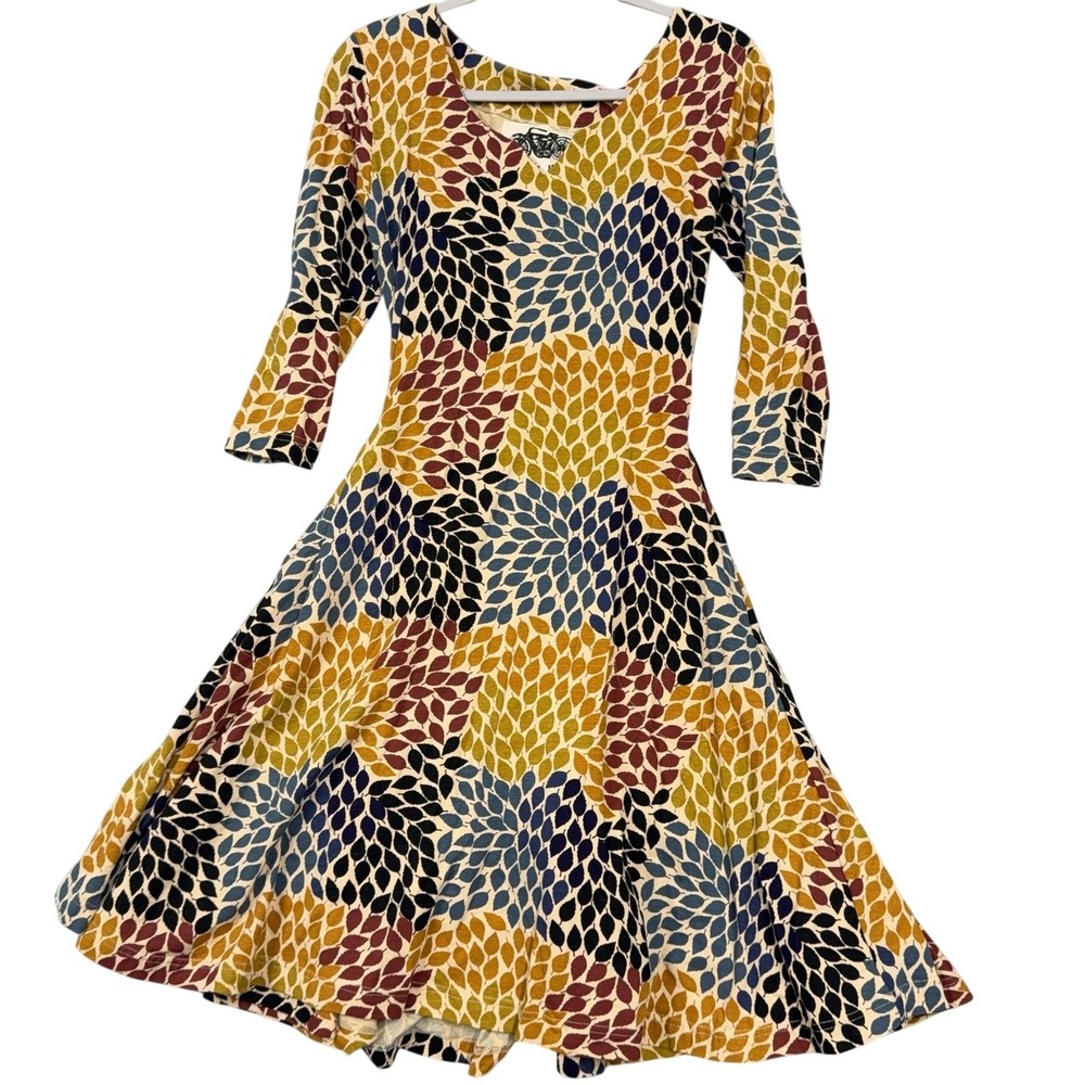 Effie's Heart Dress Womens Medium Multicolor Leaf Fit Flare 3/4 Sleeve Pockets
